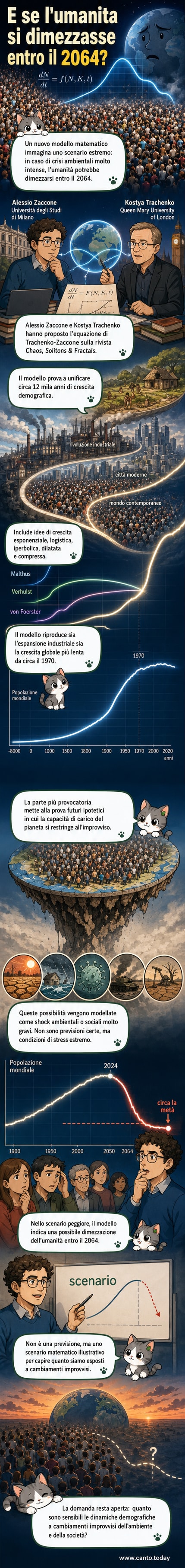 Un grafico che mostra la crescita e il possibile declino della popolazione mondiale fino al 2064, con un picco seguito da un crollo rapido, accompagnato da simboli di crisi ambientali come incendi, siccità e pandemie.