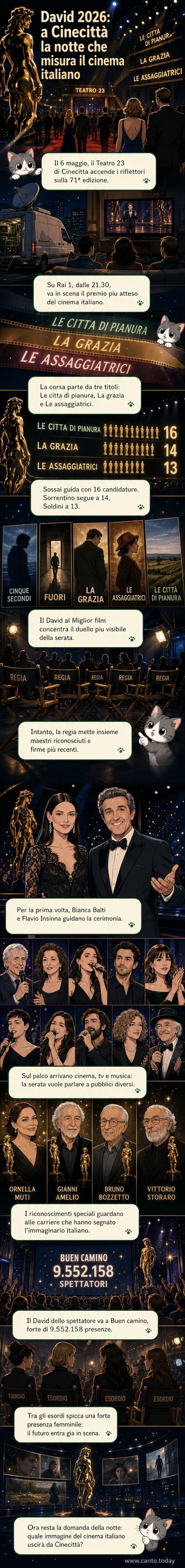 Illustrazione della cerimonia dei David di Donatello 2026 a Cinecittà, con un palco illuminato e figure stilizzate di attori e registi in attesa dei premi.