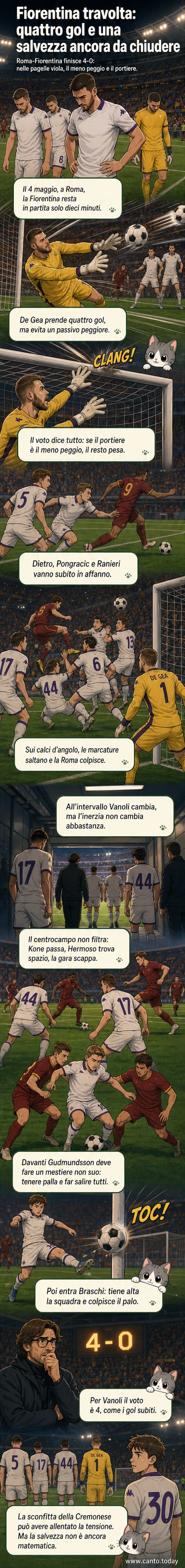 Pallone in volo verso la porta mentre il portiere De Gea si tuffa in tuffo, con giocatori della Roma in corsa sullo sfondo. Sullo sfondo, tribune dello stadio gremito con colori giallorossi in evidenza.