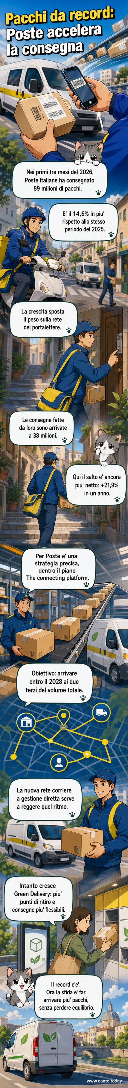 Illustrazione di un furgone Poste Italiane che consegna pacchi in una città italiana, con grafici che mostrano l'aumento delle consegne e icone di punti di ritiro verdi.
