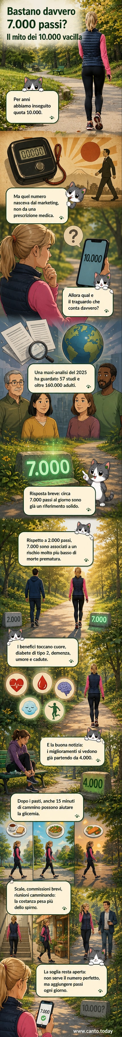 Illustrazione di una persona che cammina lungo un sentiero con un contapassi che segna 7.000 passi, circondata da simboli di salute come cuore, cervello e sole.
