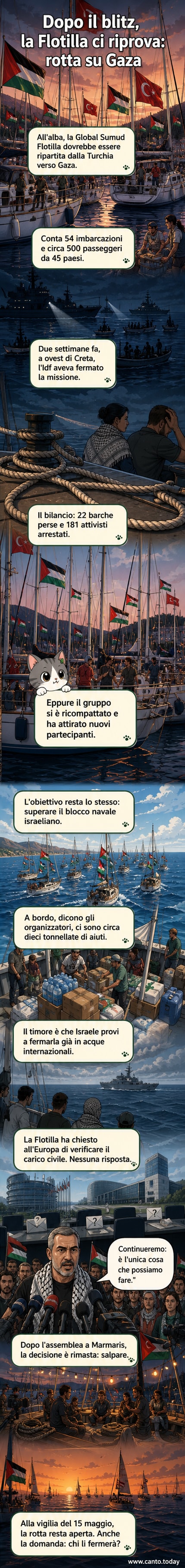 Una flotta di piccole imbarcazioni in mare aperto dirette verso Gaza, con bandiere multicolore e simboli di pace visibili su alcune navi.