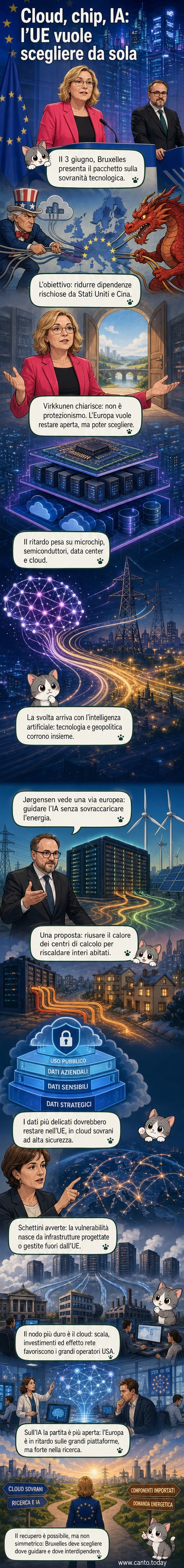 Illustrazione di un data center europeo con simboli di energia rinnovabile e cloud digitali, circondato da chip e circuiti, con bandiere dell’UE e icone di sicurezza dati.