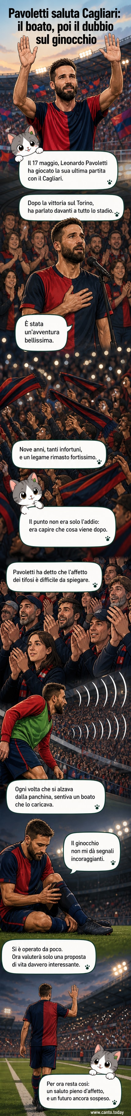 Leonardo Pavoletti saluta i tifosi del Cagliari dal campo, con la maglia in mano e gli occhi lucidi, dopo la sua ultima partita.