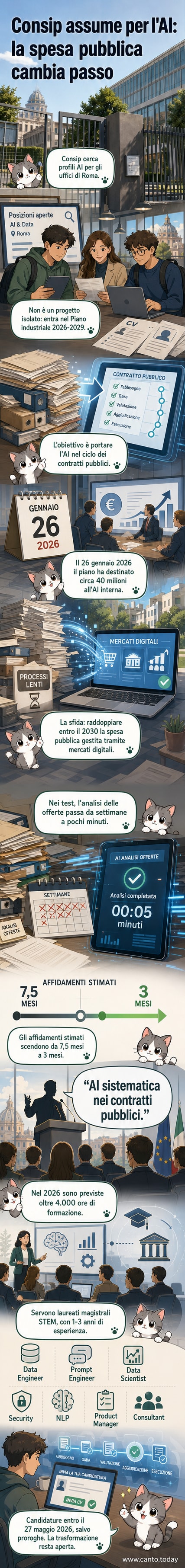 Illustrazione di un contratto pubblico digitalizzato con intelligenza artificiale, con icone di algoritmi, dati e automazione che fluiscono intorno a un edificio istituzionale.