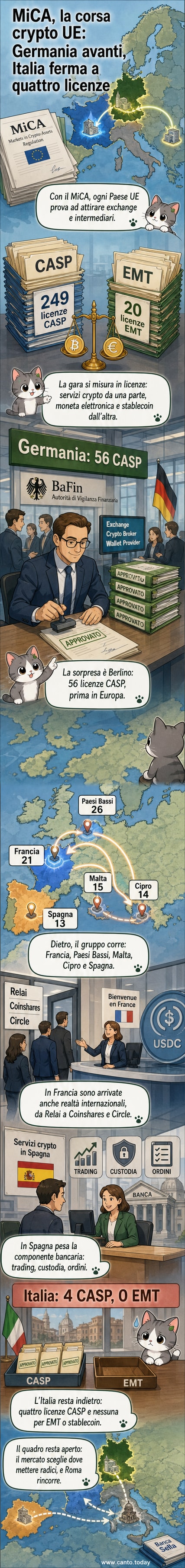 Mappa dell'Europa con bandiere dei paesi ordinati per numero di licenze MiCA rilasciate, con Germania in testa e Italia in fondo.