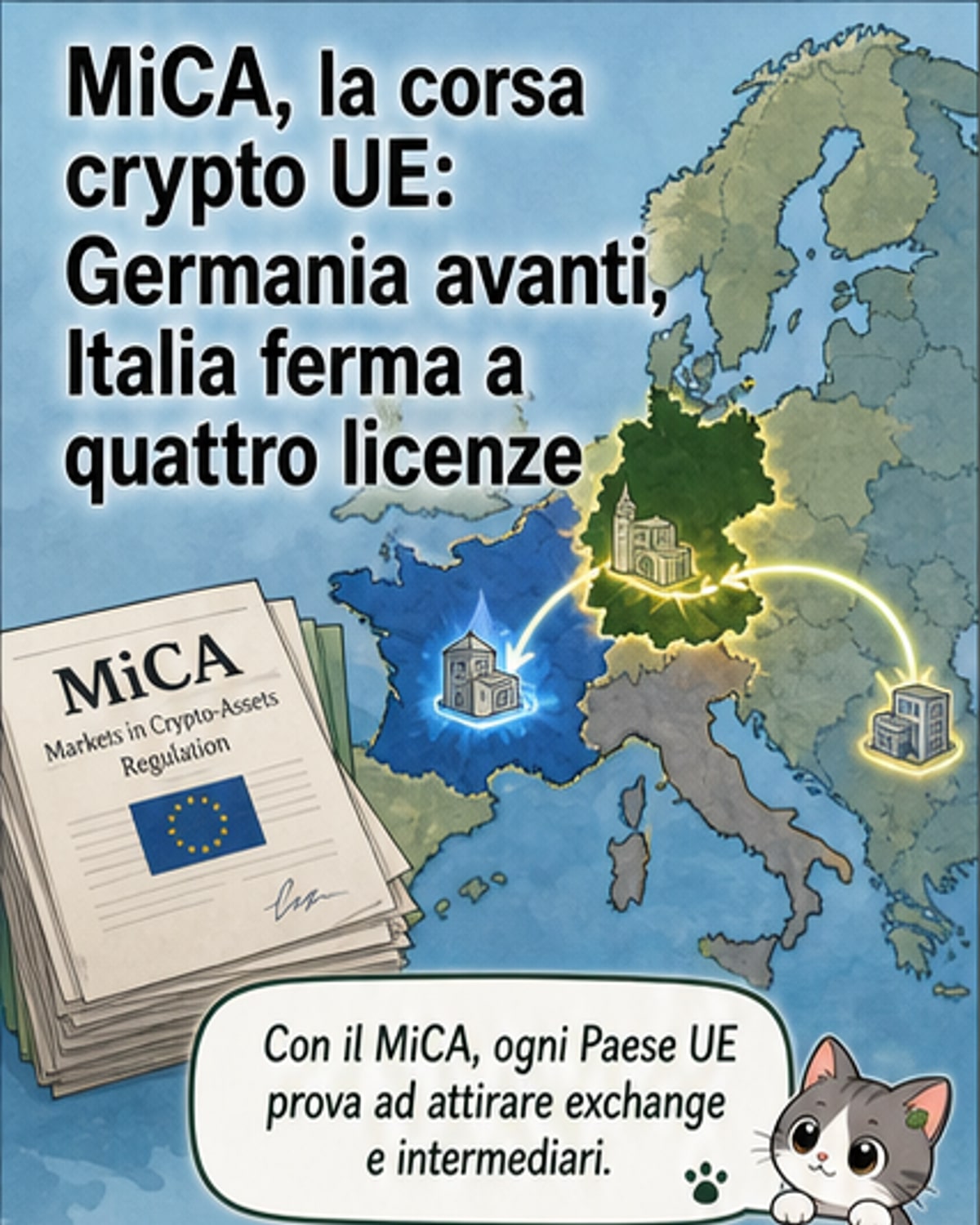 Mappa dell'Europa con bandiere dei paesi ordinati per numero di licenze MiCA rilasciate, con Germania in testa e Italia in fondo.
