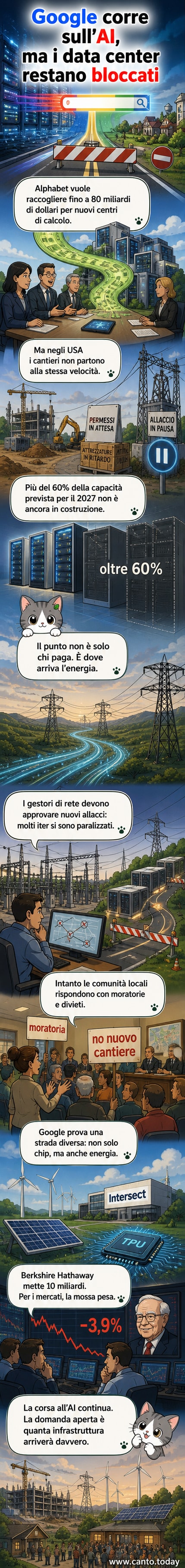 Illustrazione di un data center moderno con pannelli solari e turbine eoliche integrate, con il logo di Google e un grafico che mostra l'aumento degli investimenti in capitale.