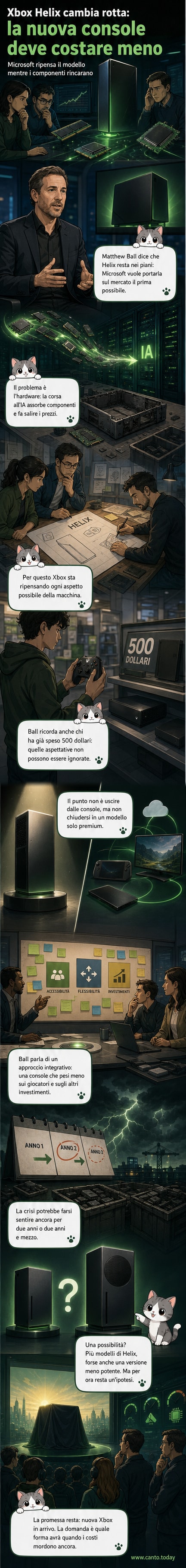 Illustrazione stilizzata di una console Xbox futuristica con diverse configurazioni modulari, simboli di chip e frecce che indicano flessibilità e accessibilità.