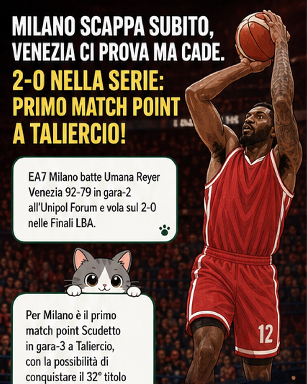Illustrazione di una partita di basket con giocatori dell'EA7 Milano in maglia rossa che festeggiano un canestro, mentre il tabellone segna 92-79.