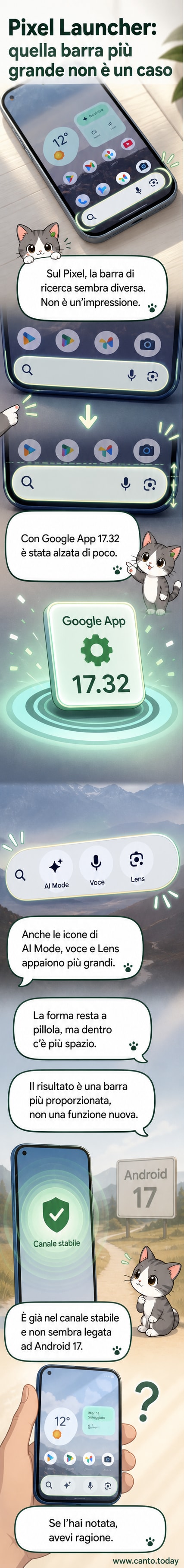 Immagine a confronto: a sinistra la vecchia barra di ricerca di Pixel Launcher, più stretta; a destra la nuova versione con altezza aumentata e icone più grandi.