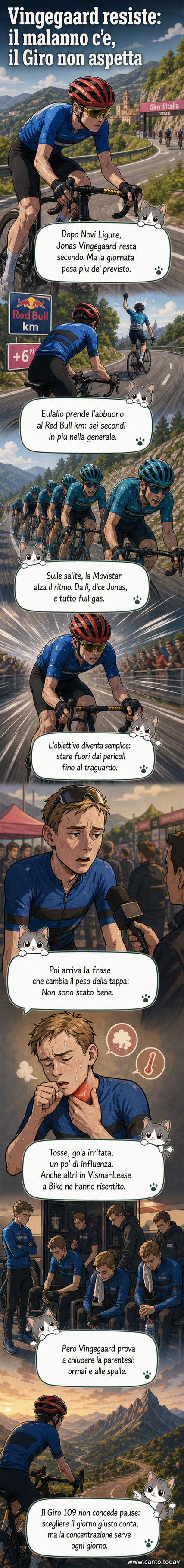 Illustrazione di Jonas Vingegaard in maglia rosa, con tosse e fatica visibile, mentre pedala su una salita durante il Giro d'Italia 2026.