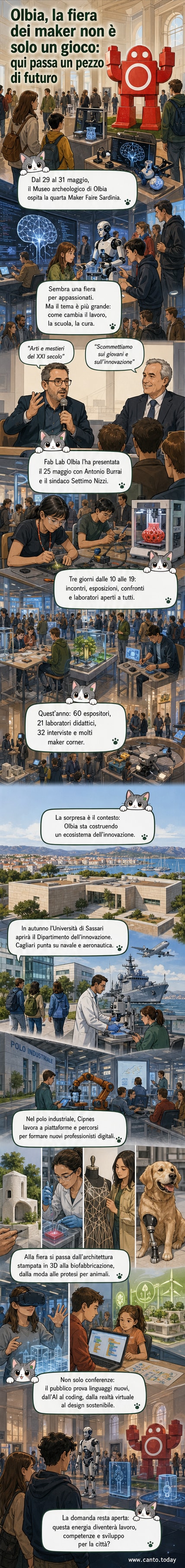 Manifesto colorato della Maker Faire Sardinia 2026 con robot, circuiti e modelli 3D, allestito nel museo archeologico di Olbia