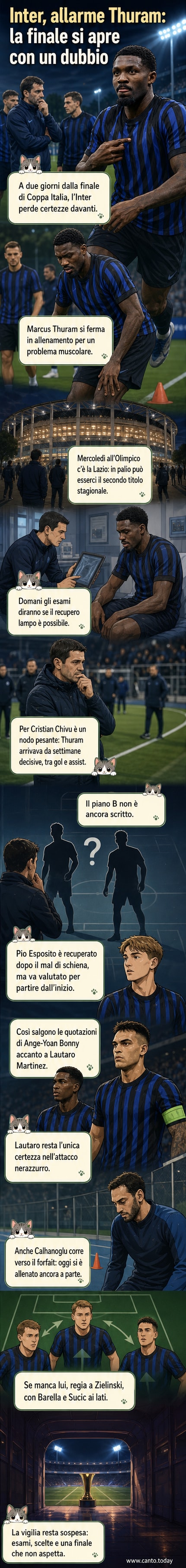 Illustrazione stilizzata di due attaccanti dell'Inter in campo, con un medico che osserva da bordo campo e un cartellino 'infortunio' visibile in sovrimpressione.