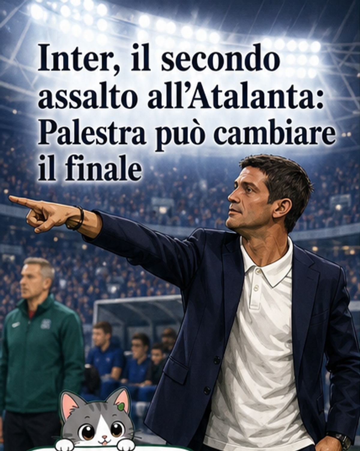 Illustrazione di Cristian Chivu in maglia Inter e Marco Palestra in campo con la maglia dell'Atalanta, con lo stadio Meazza e il logo del club in background.