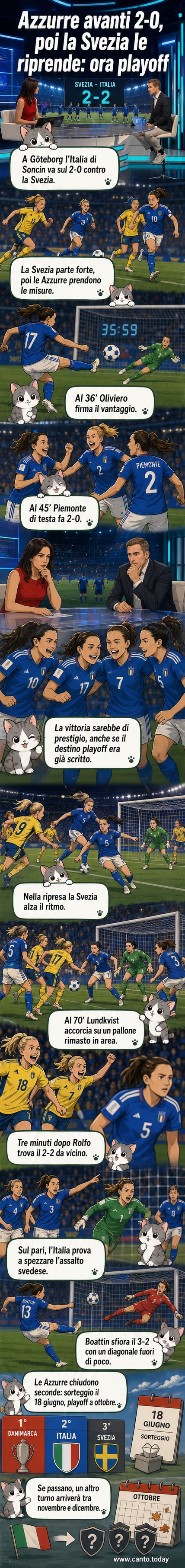 Giocatrici dell'Italia femminile in campo a Göteborg durante la partita contro la Svezia, con tifosi in primo piano e risultato sul tabellone: 2-2.