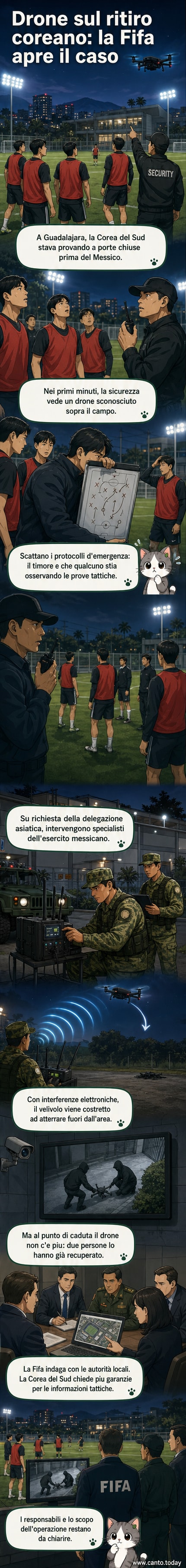 Illustrazione di un drone che sorvola un campo da calcio con giocatori in allenamento, con guardie di sicurezza che alzano lo sguardo.