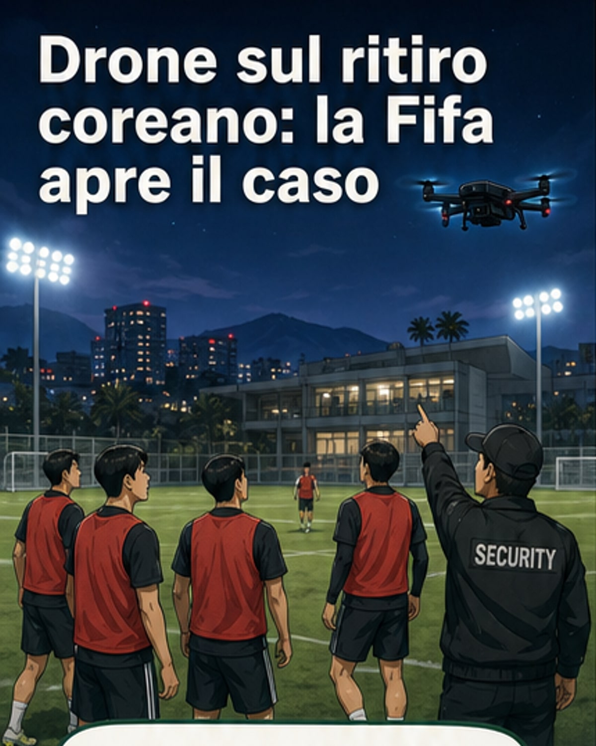 Illustrazione di un drone che sorvola un campo da calcio con giocatori in allenamento, con guardie di sicurezza che alzano lo sguardo.