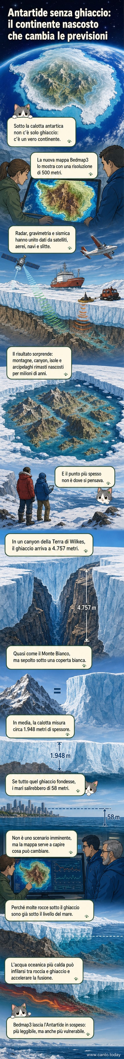 Illustrazione che mostra l'Antartide senza ghiaccio, con catene montuose, canyon profondi e isole nascoste sotto il livello del mare, basata sulla mappa Bedmap3.