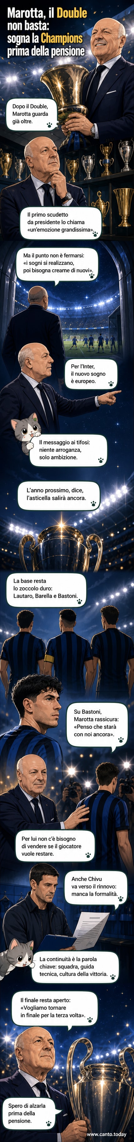 Beppe Marotta, presidente dell'Inter, in primo piano nella sala trofei del club, con la Champions League in bella vista alle sue spalle.