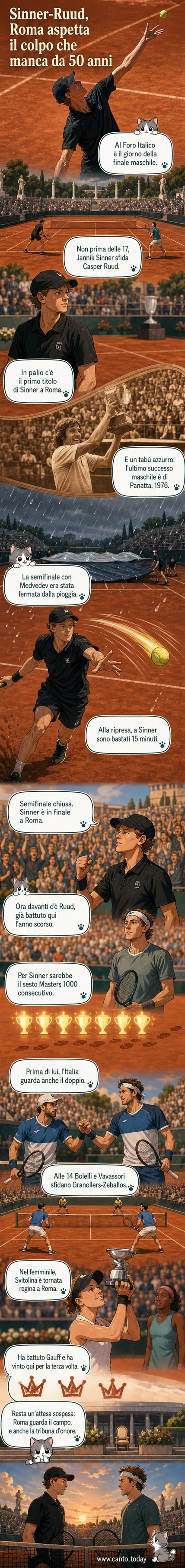 Jannik Sinner in campo a Roma durante la finale degli Internazionali d'Italia, con il pubblico sugli spalti e l'avversario Casper Ruud in lontananza.
