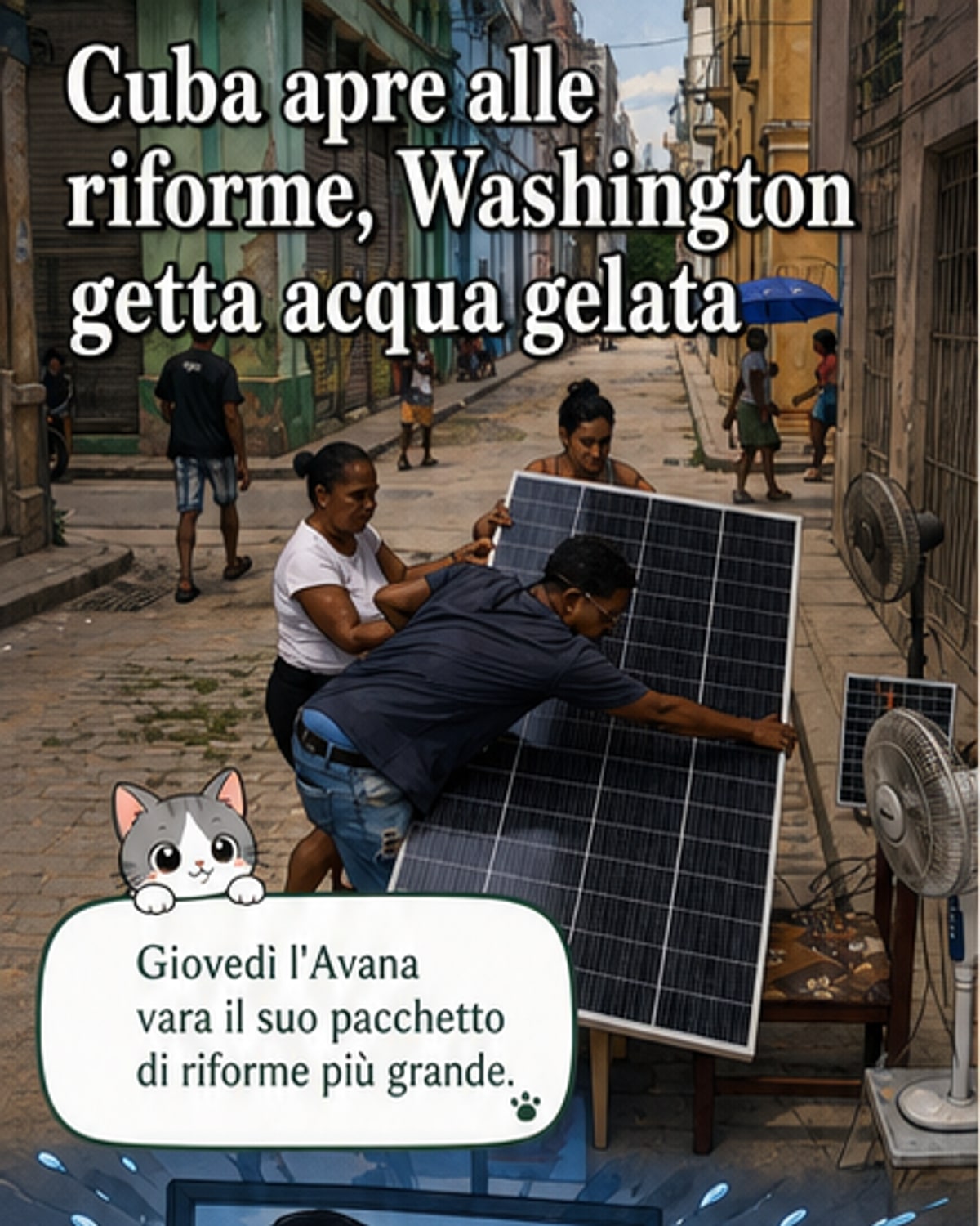 Un uomo guarda un manifesto con il volto di Fidel Castro mentre un camion passa vuoto su una strada deserta di L'Avana, con linee di elettricità abbattute in sottofondo.