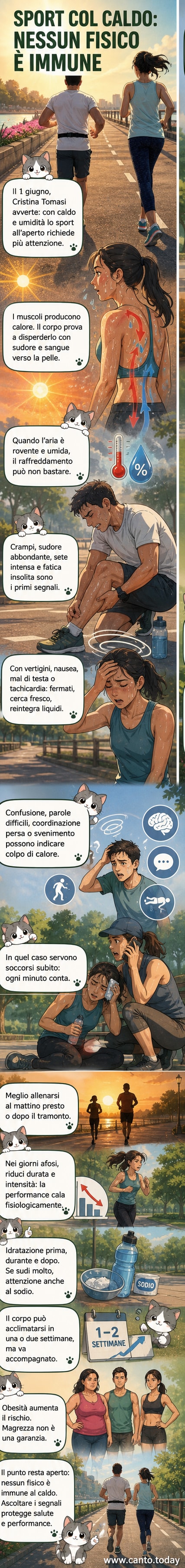 Illustrazione di una persona che corre sotto il sole cocente, con simboli di calore e gocce di sudore intorno, mentre un termometro mostra una temperatura corporea elevata.