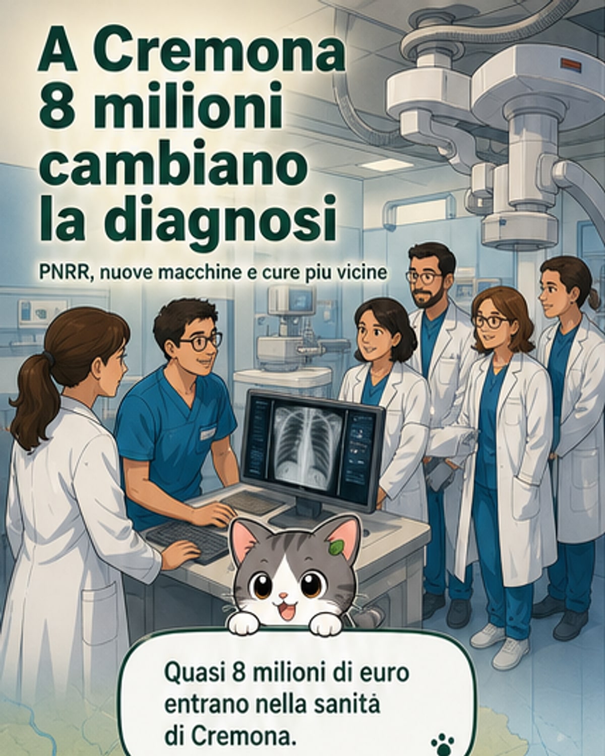 Illustrazione di un ospedale con tecnologie mediche avanzate come risonanze magnetiche e macchinari di diagnostica, con personale sanitario e pazienti.
