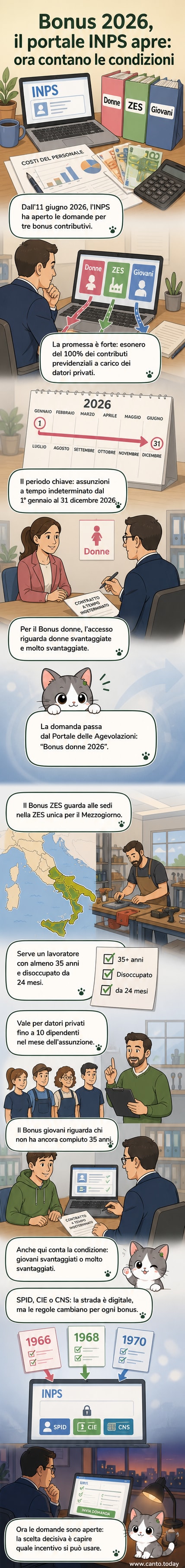Illustrazione di un modulo digitale con simboli di persone, euro e un calendario, che rappresenta la richiesta di bonus lavoro per giovani, donne e ZES.