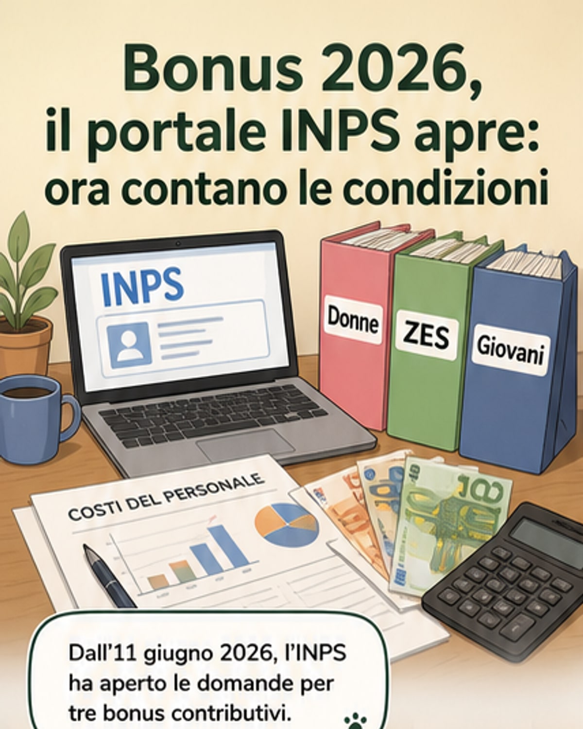 Illustrazione di un modulo digitale con simboli di persone, euro e un calendario, che rappresenta la richiesta di bonus lavoro per giovani, donne e ZES.