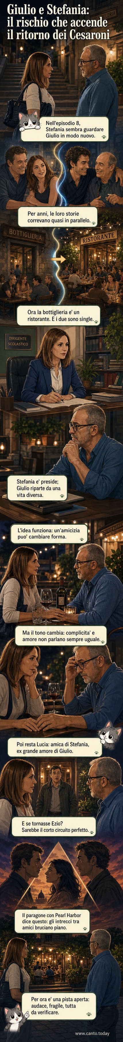 Illustrazione stilizzata di Stefania e Giulio de I Cesaroni in un momento di tensione emotiva, con lo sfondo del ristorante Cesaroni e icone di cuori e fulmini per indicare il nuovo feeling.