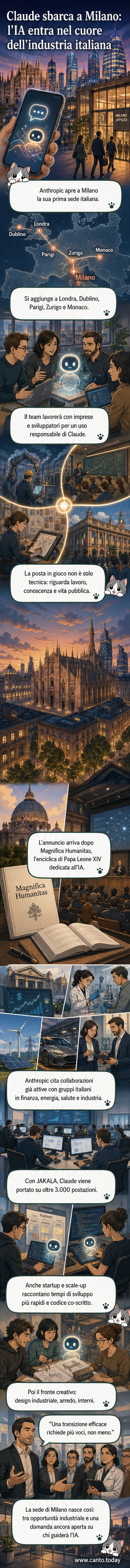 Illustrazione di un edificio moderno con il logo di Anthropic a Milano, circondato da icone che rappresentano aziende, sviluppatori e designer che collaborano con l'intelligenza artificiale.