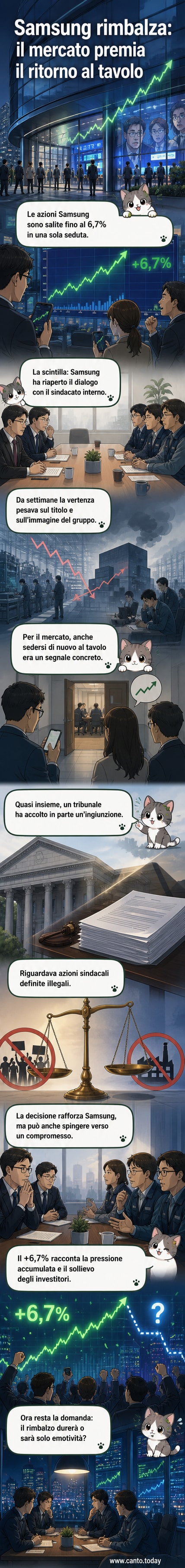 Grafico con freccia in salita e logo Samsung, che mostra un balzo del 6,7% in Borsa dopo la ripresa del dialogo con il sindacato e una sentenza legale favorevole.