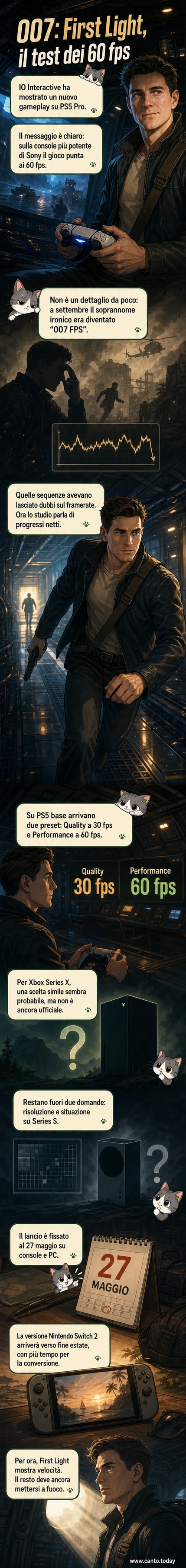 Schermata di gameplay di 007: First Light su PS5 Pro con interfaccia che mostra 60 fps stabili e confronto tra le modalità grafiche Quality e Performance.