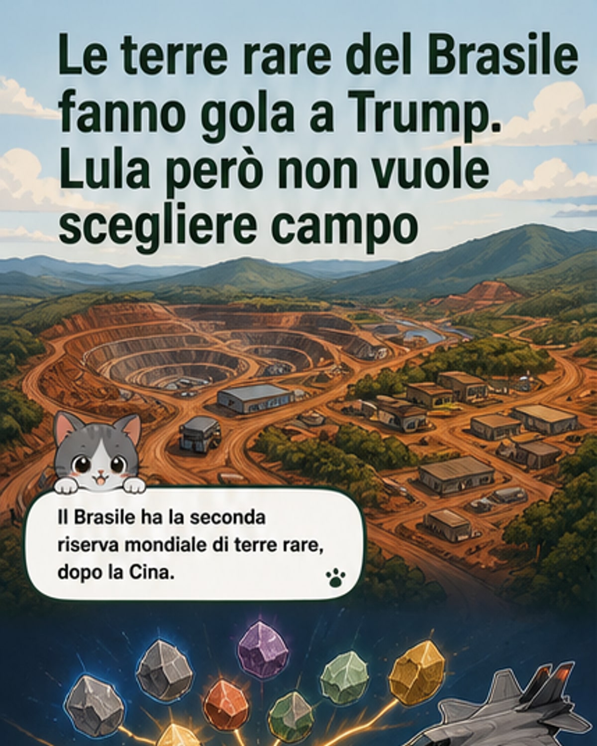 Illustrazione di un paesaggio brasiliano con estrazione mineraria, simboli tecnologici e bandiere di USA, Cina e Brasile in tensione.