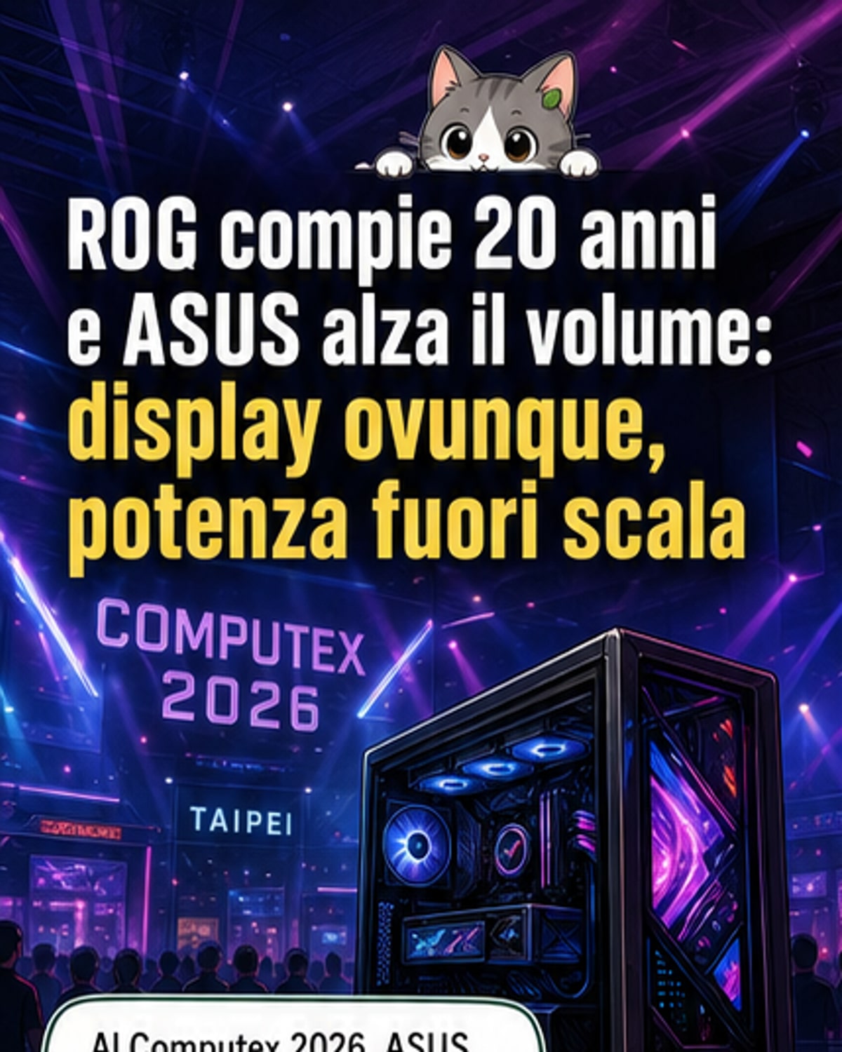 Render di una scheda madre ROG con due grandi display AMOLED, illuminata da effetti RGB, circondata da altri componenti high-end come una GPU con schermo curvo e un monitor OLED curvo.