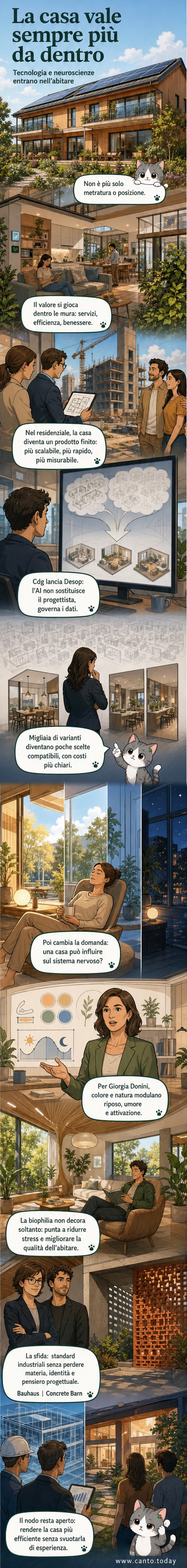 Illustrazione di una casa moderna con interni che reagiscono alla luce e al colore, mentre un sistema neurale sovrapposto mostra l’impatto sul benessere mentale.
