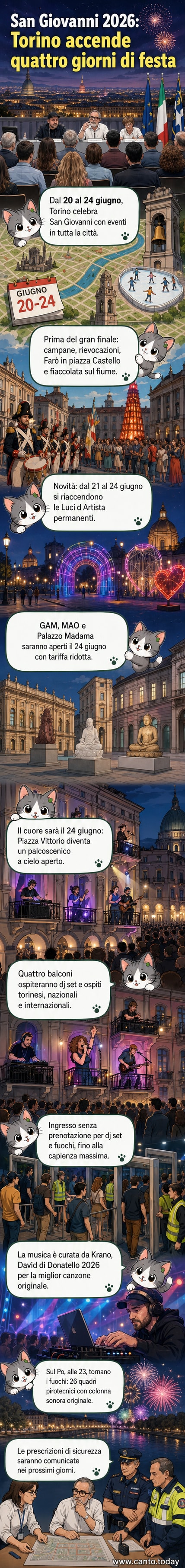 Illustrazione di una piazza notturna a Torino illuminata da fuochi d'artificio e luci colorate, con balconi trasformati in palcoscenici musicali per la festa di San Giovanni.