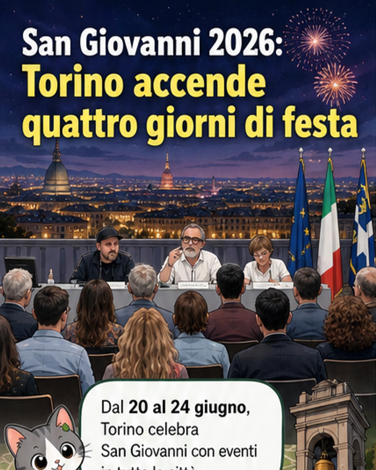 Illustrazione di una piazza notturna a Torino illuminata da fuochi d'artificio e luci colorate, con balconi trasformati in palcoscenici musicali per la festa di San Giovanni.