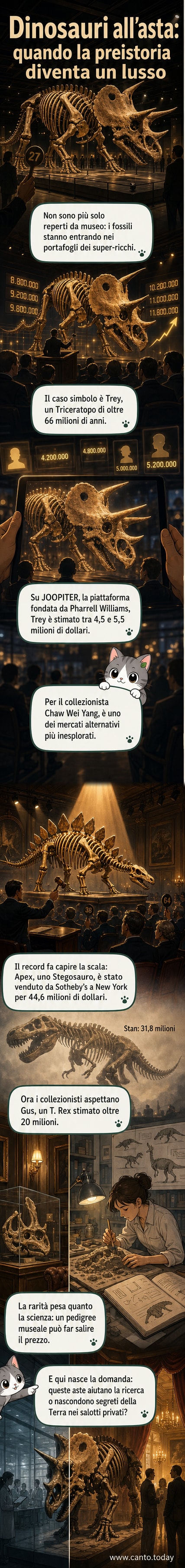 Illustrazione di uno scheletro di dinosauro illuminato da faretti in un'asta di lusso, con un martello da battitore e cifre milionarie sullo sfondo.