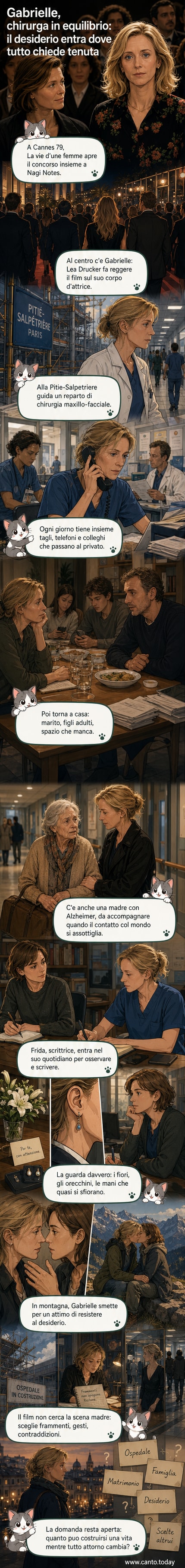 Illustrazione di Léa Drucker come Gabrielle, una donna medico in camice, con occhi stanchi ma determinati, in un corridoio d'ospedale vuoto. Sullo sfondo, ombre di figure familiari e un cielo crepuscolare che suggerisce un cambiamento interiore.