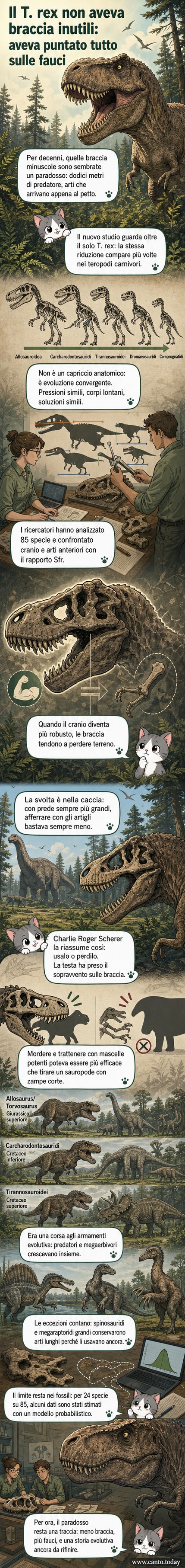 Illustrazione stilizzata di un T. rex con cranio massiccio e braccia corte, circondato da altri dinosauri teropodi con arti anteriori ridotti, in un ambiente preistorico.