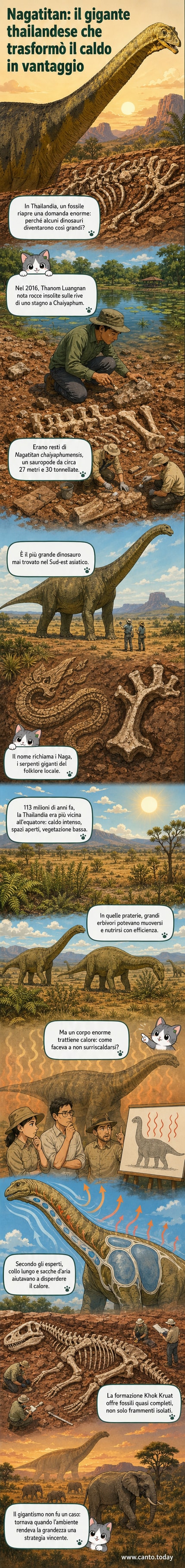 Ricostruzione artistica del Nagatitan chaiyaphumensis in una savana del Cretaceo, con collo allungato verso il cielo e vegetazione aperta intorno.