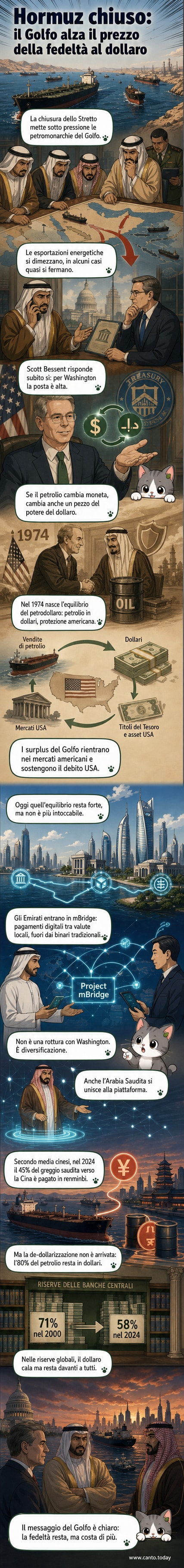 Illustrazione di un petrolio che scorre in diverse valute, con simboli di dollaro, yuan e blockchain, mentre leader di Arabia Saudita ed Emirati negoziano con Stati Uniti e Cina.