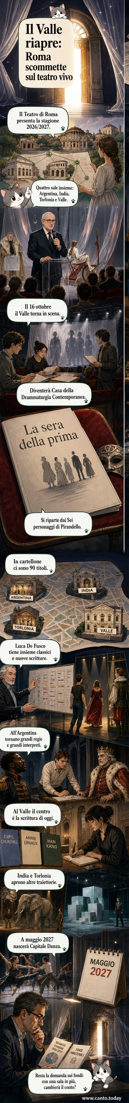 Illustrazione di un palcoscenico illuminato con il cartellone della nuova stagione del Teatro di Roma e il Teatro Valle al centro, riaperto dopo i lavori