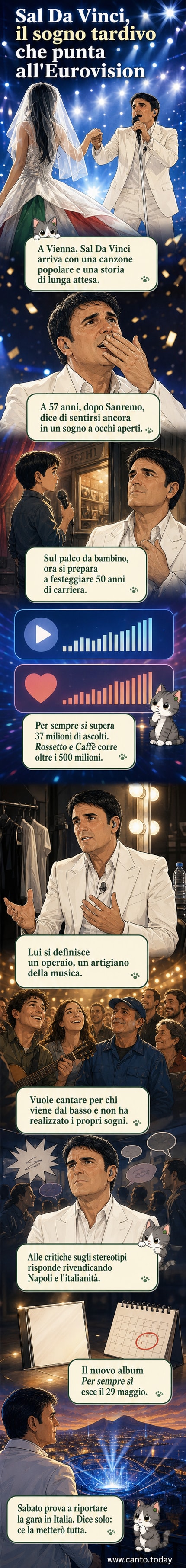 Sal Da Vinci sul palco dell'Eurovision con una ballerina in abito tricolore, illuminati da luci vivaci.