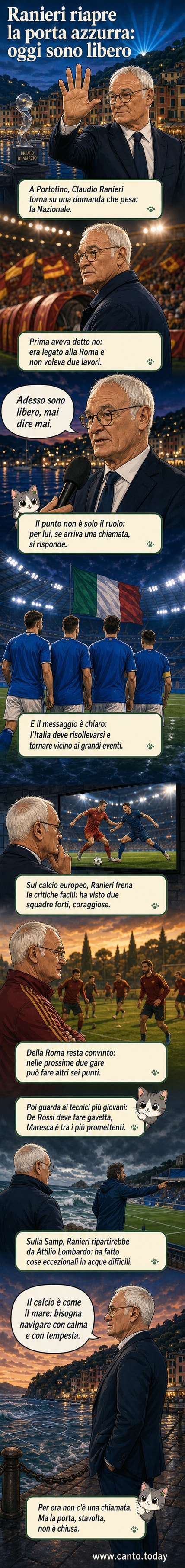 Claudio Ranieri in abito elegante durante il Premio Di Marzio a Portofino, con sfondo marino e bandiera italiana.