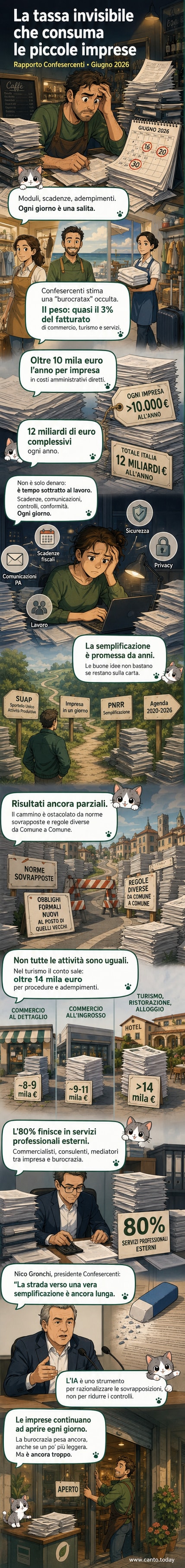 Un'illustrazione che mostra un imprenditore con pile di documenti che gli pesano sulle spalle, mentre il 3% del suo fatturato svanisce in bolle contrassegnate da 'tasse', 'scadenze' e 'moduli'.