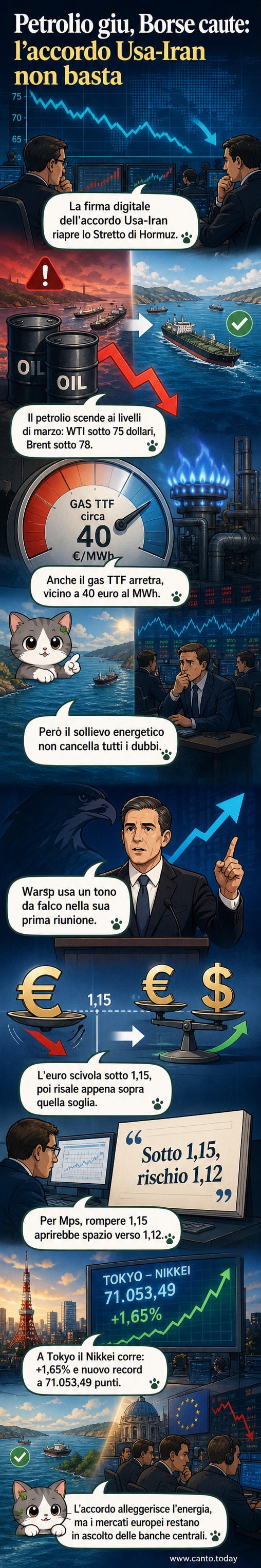 Grafico dei mercati azionari con andamento dell'indice Nikkei in rialzo e frecce in calo per petrolio ed euro/dollaro, simboli di petrolio, valute e borsa in primo piano.
