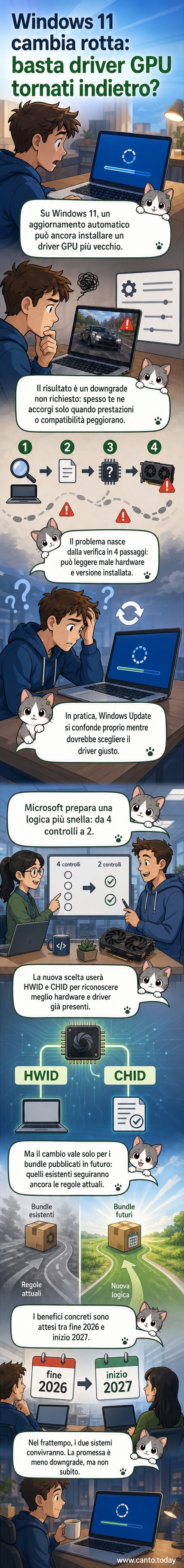 Illustrazione di un PC Windows 11 che riceve un aggiornamento GPU corretto invece di un downgrade, con icone di processi che si semplificano da 4 a 2 passaggi.